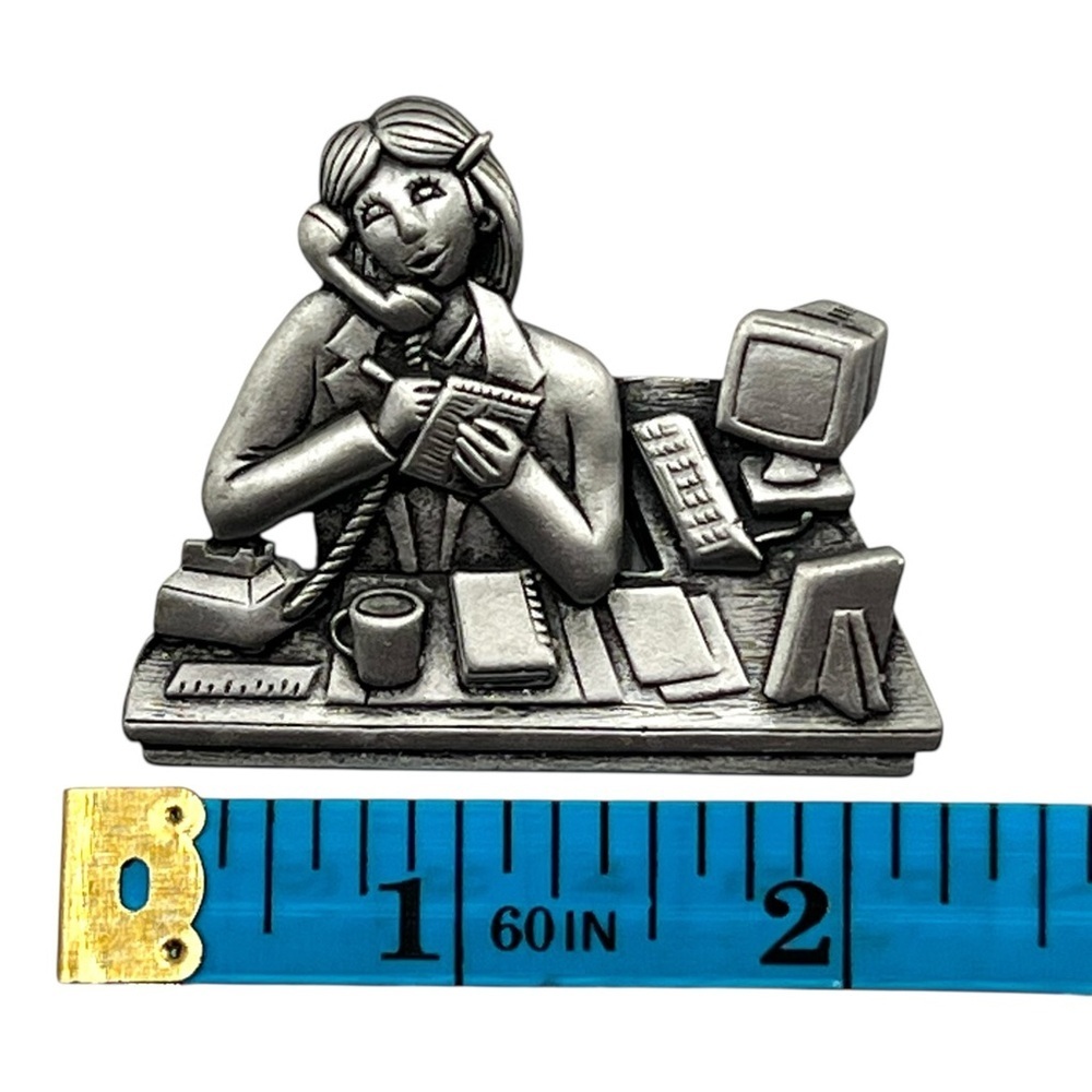 JJ Office Secretary Desk Brooch Pewter Vintage Telephone Computer Pin Figurine - Picture 4 of 6